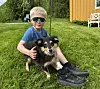 Et barn med solbriller sitter på gresset og holder en hånd rundt en liten hund ved et gult hus.