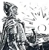 Svarthvit illustrasjon av Olav Tryggvason som ser utover sjøen mot en lav sol.