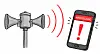 Illustrasjon av et varslingsanlegg som sender alarm, og en mobil med rødt varseltegn.