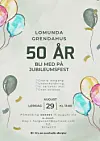 Plakat for Lomunda Grendahus som reklamerer for 50-årsjubileum med ballonger og detaljer om arrangementet.
