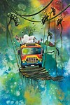 Fargerik buss på en smal trebro i et surrealistisk, flerfarget landskap.