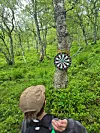 Dartskive festet på et tre i en skog, med en person med en dartpil i handa i forgrunnen.