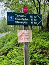 Grønt veiskilt i skogen med piler mot Torhetta, Graurfjellet og Steinhytta, og et håndskrevet velkomstskilt under.