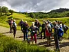 En gruppe vandrere med ryggsekker står samlet på en grussti i et grønt landskap.