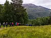 Turgåere på sti gjennom grønn eng med gule blomster foran skogkledd fjell.