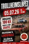 Plakat for Trøndheimsløpet med biler i gjørme, dato 05.07.26, inngang 100 kroner og kvalifisering til landsfinale.