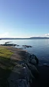 Steinete kystlinje ved stille vann med gress i forgrunnen og fjell under blå himmel.