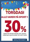 Reklameplakat for Sport 1 med ballonger, bannere og stor tekst som opplyser om 30 prosent rabatt.