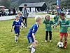 Barn i blå og grønne drakter spiller fotball på en gressbane med tilskuere i bakgrunnen.