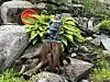En liten statue på en rot i et steinbed omgitt av store steiner, rød dekorasjon og grønne planter.