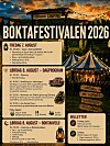 Plakat for Boktifestivalen 2026 med program, datoer og billettinfo foran en teltleir i solnedgang.