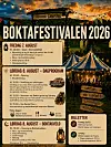Plakat for Boktifestivalen 2026 med program, datoer og billettinfo foran en teltleir i solnedgang.