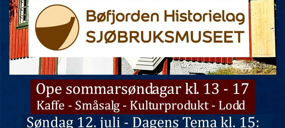 Plakat med sommerprogram for Bøfjorden Historielag og Sjøbruksmuseet med flere bokomslag og arrangementer.