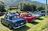 Flere klassiske biler parkert på gress i et landskap med skogkledd fjell i bakgrunnen.