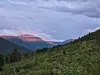 Grønn fjellside under en skyet himmel med rosa lys på fjelltoppene i bakgrunnen.