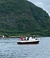 Liten båt på vannet foran en grønn fjellside.