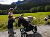 To barn står ved en barnevogn med geiter på en grusvei i et fjellandskap.