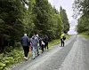 Flere personer går langs en grusvei og inn i skogen.