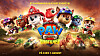 Fargerik filmplakat for Paw Patrol med flere valper, eksplosjoner og en by i bakgrunnen.