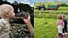Delt bilde med et barn nær en and og to barn ved et gjerde i et grønt landskap med traktor.