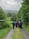 Gruppe turgåere går på en grusvei gjennom grønn skog i grått vær.