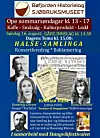 Blå plakat med informasjon om Halse-samlinga, bilder av personer, noter og program for kulturfestival.
