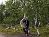 En person sitter på en bøyd trestamme i en skog med bjørketrær.