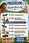 Plakat med program for Hestekreftens dag, illustrert med hester, ridning, kjøring, mat og gratis inngang.