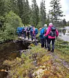 Turgåere med ryggsekker går over en smal trebro i skogsterreng ved vann.