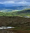 Panoramautsikt over skog, dal og fjell sett fra et åpent høylandslandskap.