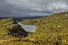 Personer går langs en sti i et grønt fjellandskap med vann og skydekket himmel.
