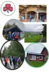 Bildemontasje med turfolk, trebygninger, skogssti, grønt landskap og en logo øverst til venstre.