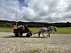 Grå hest trekker en vogn med personer på en grusbane foran grønne jorder.