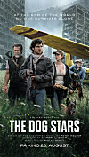 Filmplakat med fire overlevende, en hund og ruiner under en gul presenning.