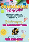 Fargerik turkis plakat for Sommerles-fest med teaterforestilling på Surnadal bibliotek.