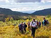 Ei gruppe turgåere på sti gjennom gule høstmarker mellom skogkledde fjell.