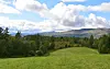 Grønn eng foran skog, fjell og en skyfylt blå himmel.