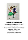 Plakat med dansende illustrasjonsfigurer og informasjon om allsang og dans på eldresenteret.