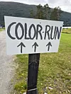 Håndmalt Color Run-skilt med tre piler ved en grusvei, grønne marker og fjell i bakgrunnen.