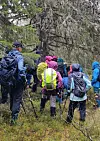 Gruppe turgåere med ryggsekker går gjennom tett skog.