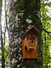 Utskåret fuglekasse festet til en mosekledd trestamme i skogen.
