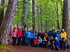 Stor gruppe turgåere poserer i en grønn skog.