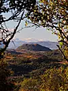 Skogkledd fjellandskap sett gjennom høstløv og greiner.