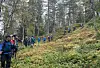 Turgåere med sekker går på rekke opp en skogkledd åsside.