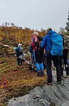 Turgruppe går på en steinete sti gjennom høstfarget fjellterreng.