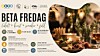 Plakat for Beta fredag med arrangementsinfo og bilde av et dekket bord med mat og levende lys.