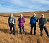Fire turgåere står samlet i et åpent, gyllent fjellandskap.