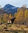 Tømmerhytte omgitt av høstskog foran et markant fjell.