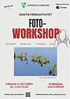 Plakat for gratis fotoworkshop i Surnadal med fuglebilde og informasjon om tid og sted.