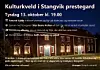 Kulturplakat med informasjon om arrangement ved Stangvik prestegard og bilde av et opplyst trehus.
